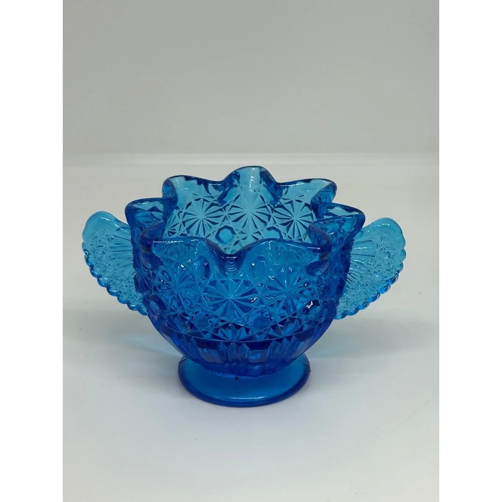 VTG Fenton Blue Glass Creamer Sugar Bowl Set Daisy Button Pattern Scalloped Edge